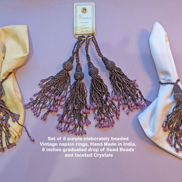 Set of 6 purple lushly beaded VTG napkin rings, Hand Made in India, 8" length - Picture 3 of 15